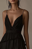 Ruffled High Low Tiered Chiffon Black Tie Dress