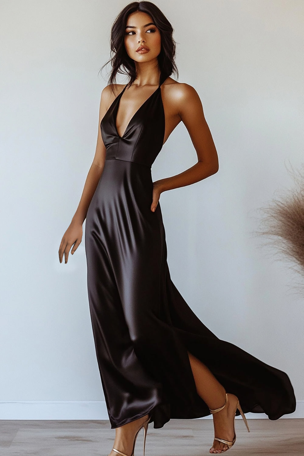 Chiffon V-Neck A Line Black Tie Dress