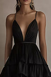 Ruffled Tiered Chiffon High Low Black Tie Dress