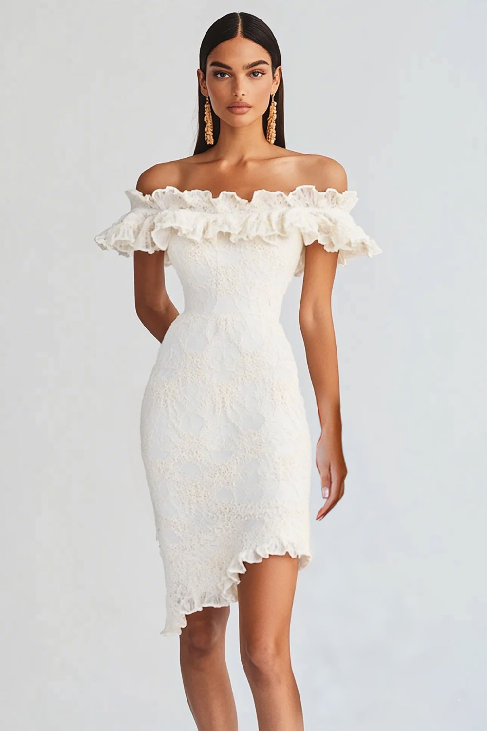 Off The Shoulder White Bodycon Ruffled Graduation Dress