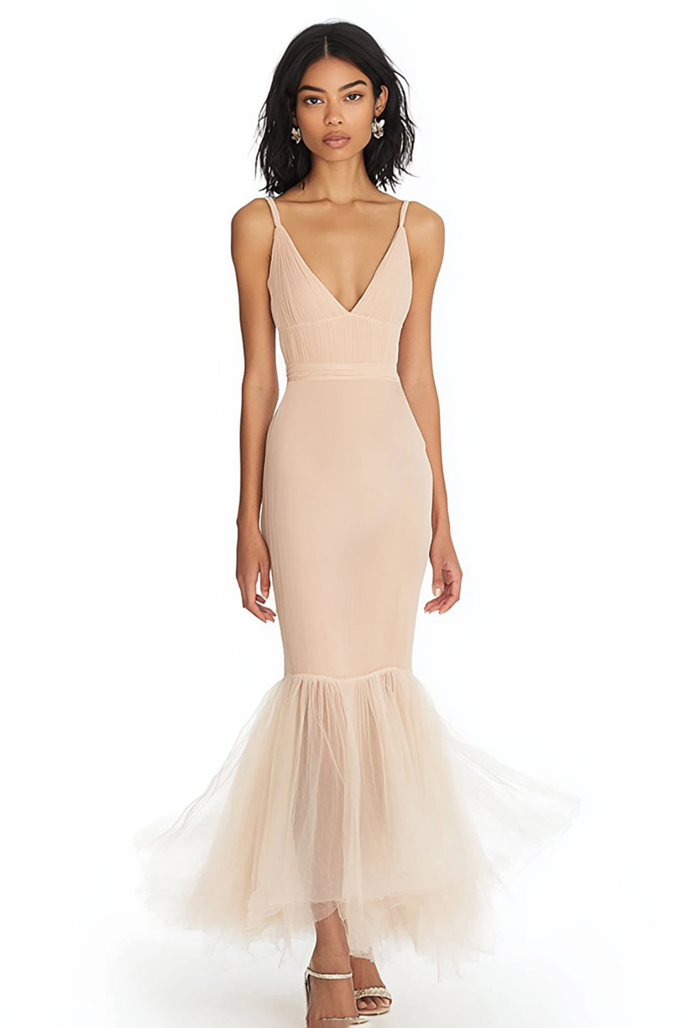 Champagne Mermaid Spaghetti Straps Long Formal Dress