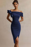 Off The Shoulder Ruffled Midi Black Tie Dress