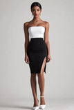 Black and White Bodycon Graduation Dress with Slit