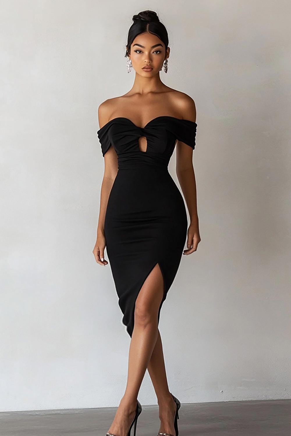 Off The Shoulder Keyhole Bodycon Black Cocktail Dress with Slit