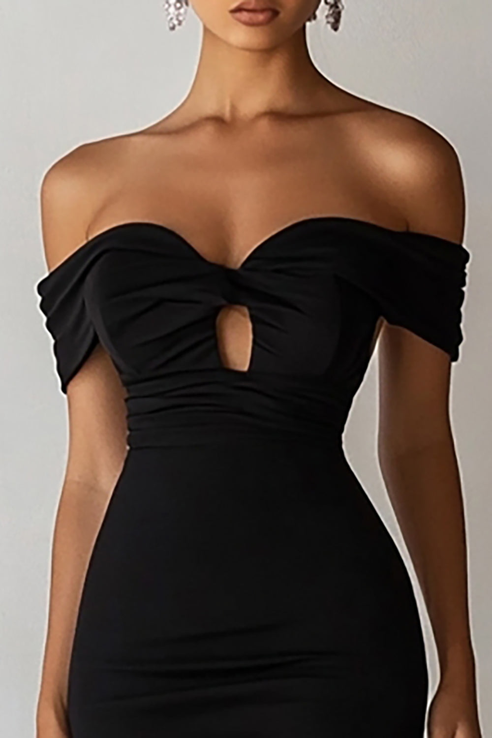 Off The Shoulder Keyhole Bodycon Black Cocktail Dress with Slit