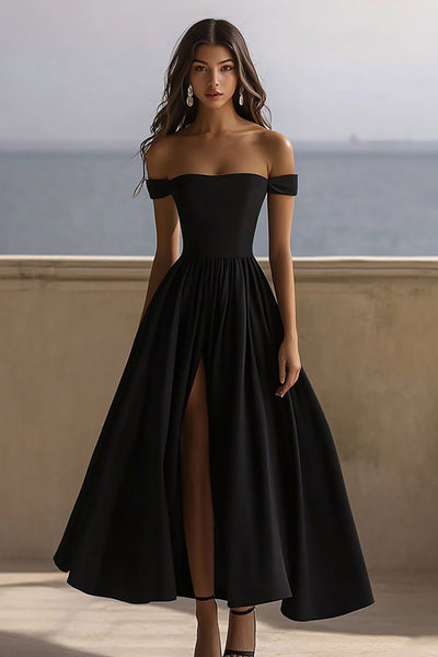 t length dress Berylove Women Black Tie Dress with Slit Off The Shoulder A Line Tea Length Formal Dress, Black / US6