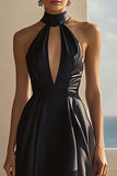 Halter Chiffon A Line High Low Black Tie Dress
