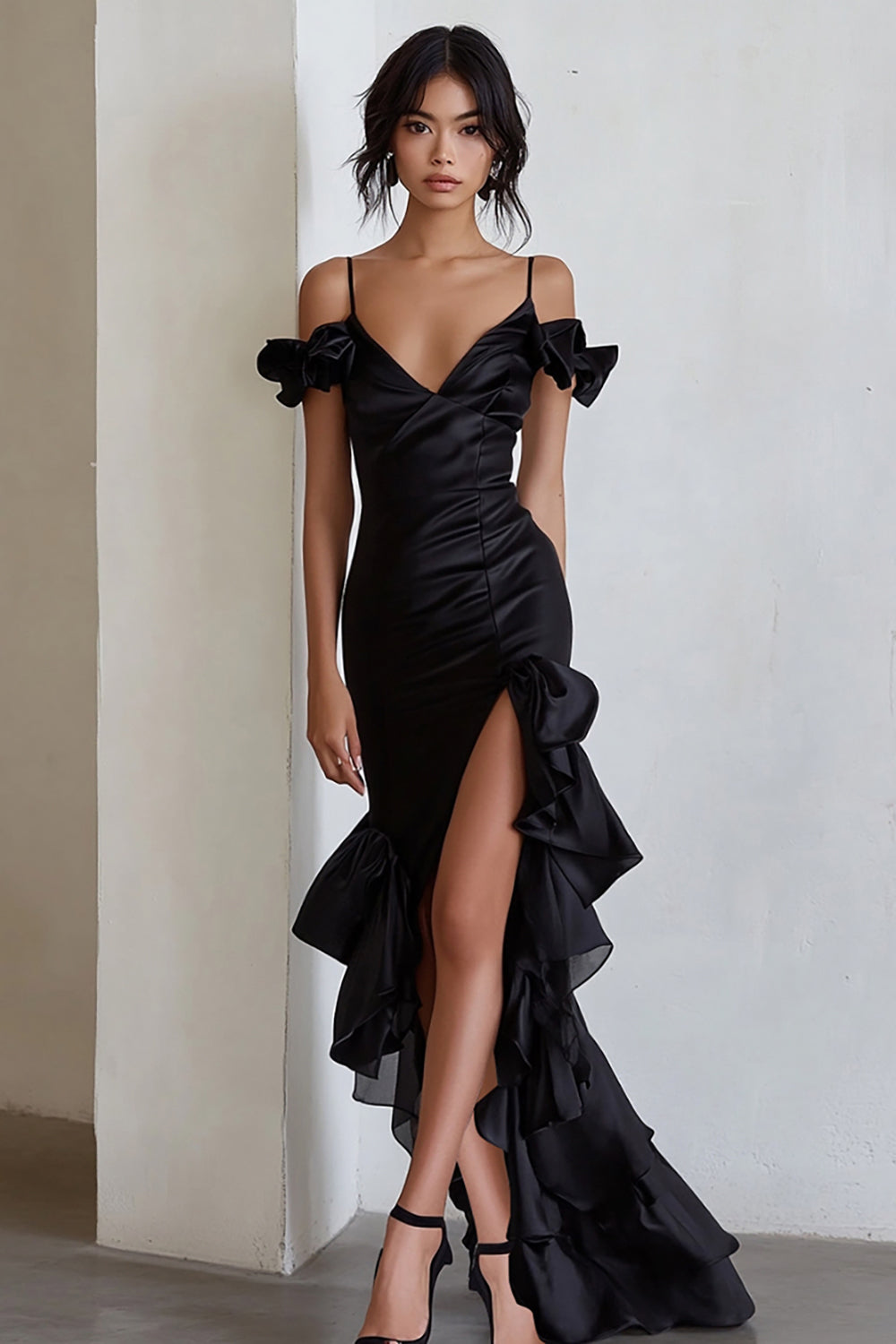 Cold Shoulder Ruffled High-Low Black Tie Dress