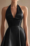 Satin Halter Asymmetrical Black Tie Dress