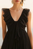 Chiffon Black A Line Ruffled Graduation Dress
