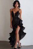 Ruffled Chiffon Asymmetrical Black Tie Dress