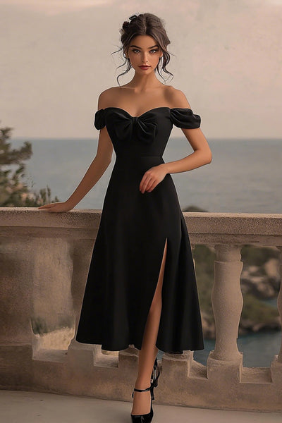 Berylove Women Black Tie Dress Off The Shoulder A Line Midi Formal Dress with Slit, Black / US4