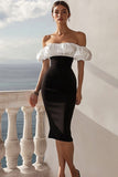 Off The Shoulder Satin Bodycon Midi Black Tie Dress with Puff Sleeves