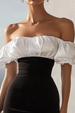 Off The Shoulder Satin Bodycon Midi Black Tie Dress with Puff Sleeves