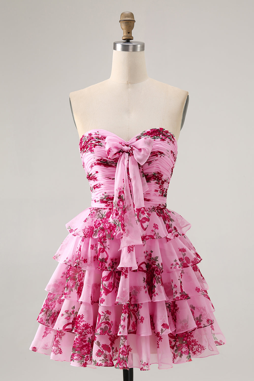 Pink Flower A Line Tiered Strapless Homecoming Dress with Bow