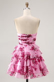 Pink Flower A Line Tiered Strapless Homecoming Dress with Bow