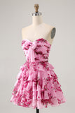 Pink Flower A Line Tiered Strapless Homecoming Dress with Bow