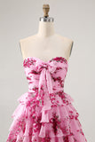 Pink Flower A Line Tiered Strapless Homecoming Dress with Bow