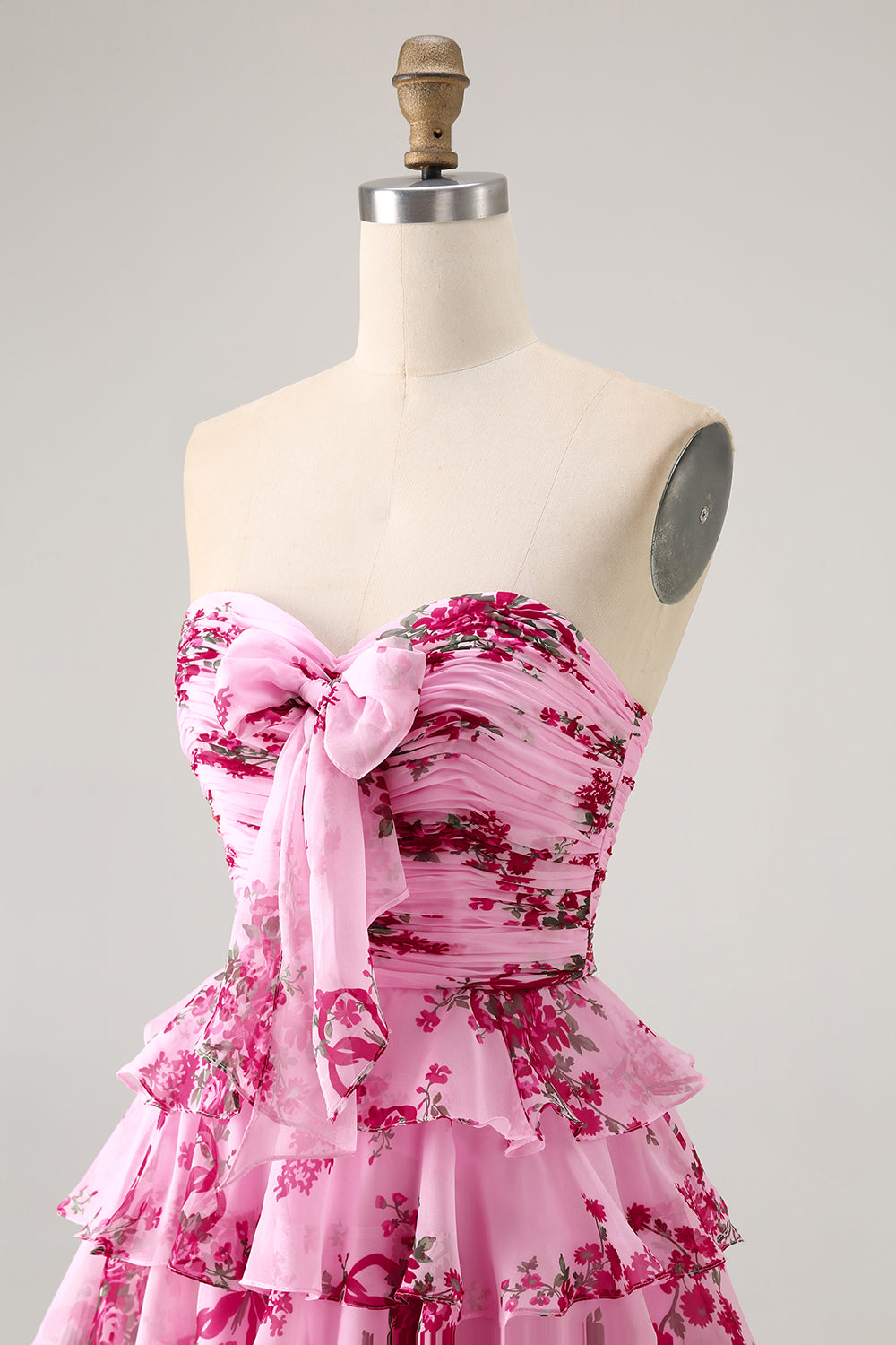 Pink Flower A Line Tiered Strapless Homecoming Dress with Bow