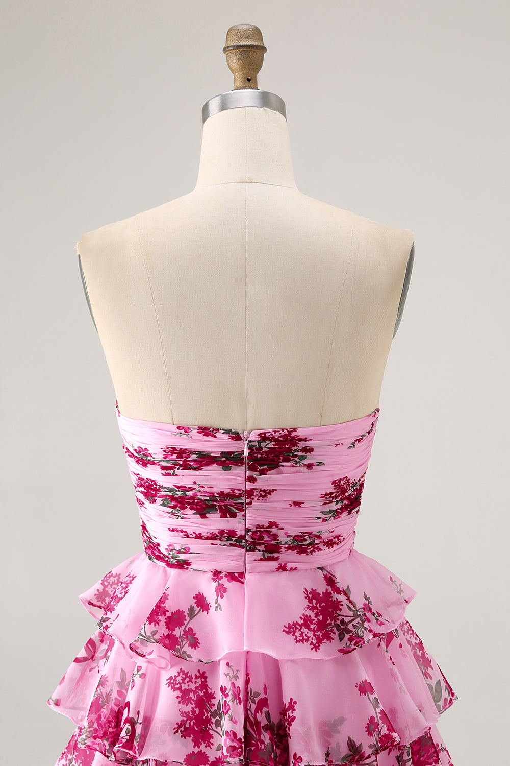 Pink Flower A Line Tiered Strapless Homecoming Dress with Bow