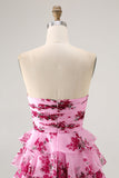Pink Flower A Line Tiered Strapless Homecoming Dress with Bow