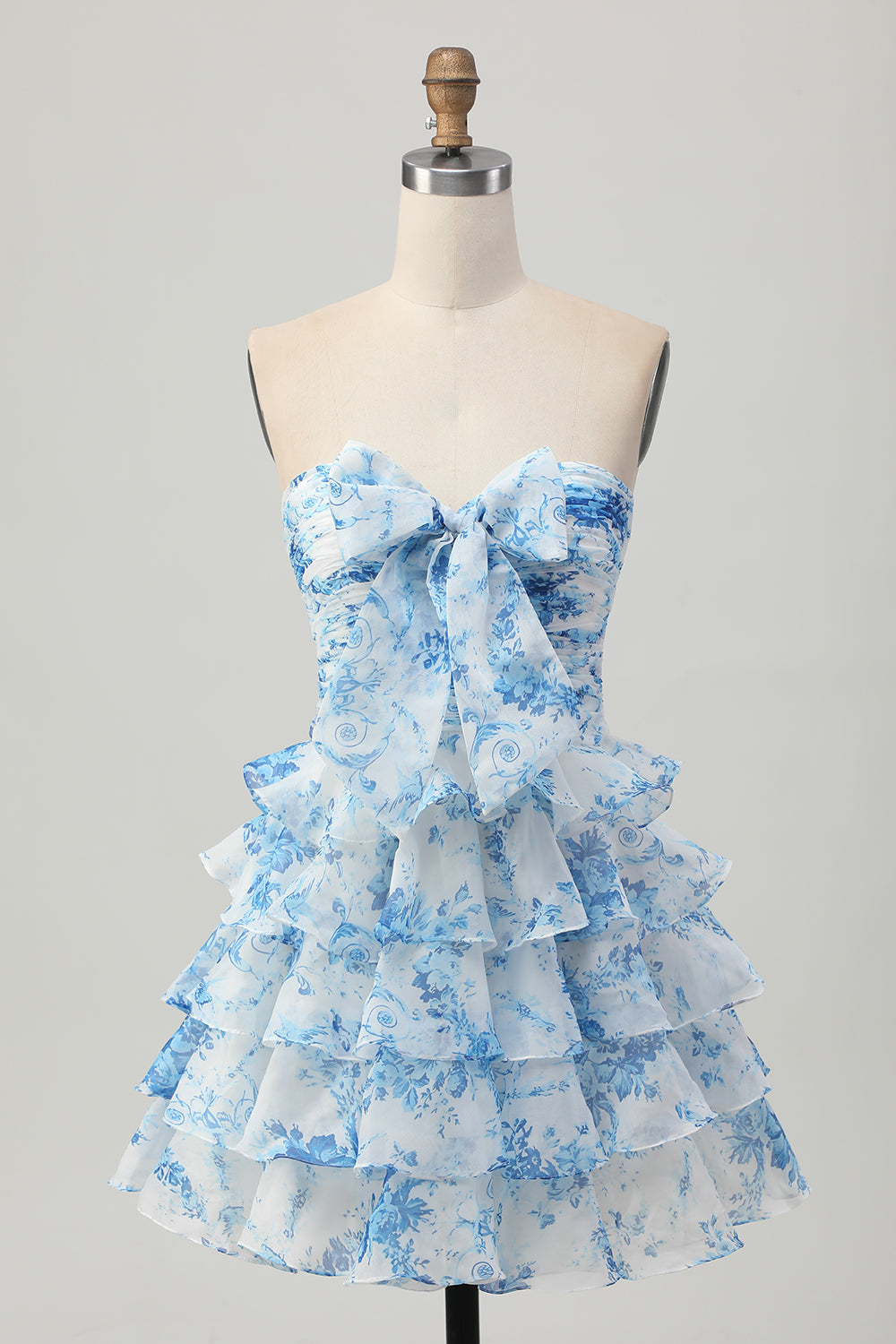 A-Line White Blue Flower Strapless Homecoming Dress With Ruffles