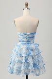 A-Line White Blue Flower Strapless Homecoming Dress With Ruffles