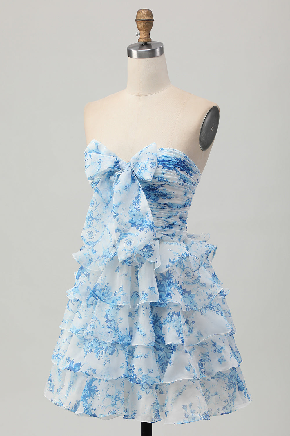Strapless White Blue Flower Tiered A Line Homecoming Dress with Bow