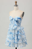 Strapless White Blue Flower Tiered A Line Homecoming Dress with Bow