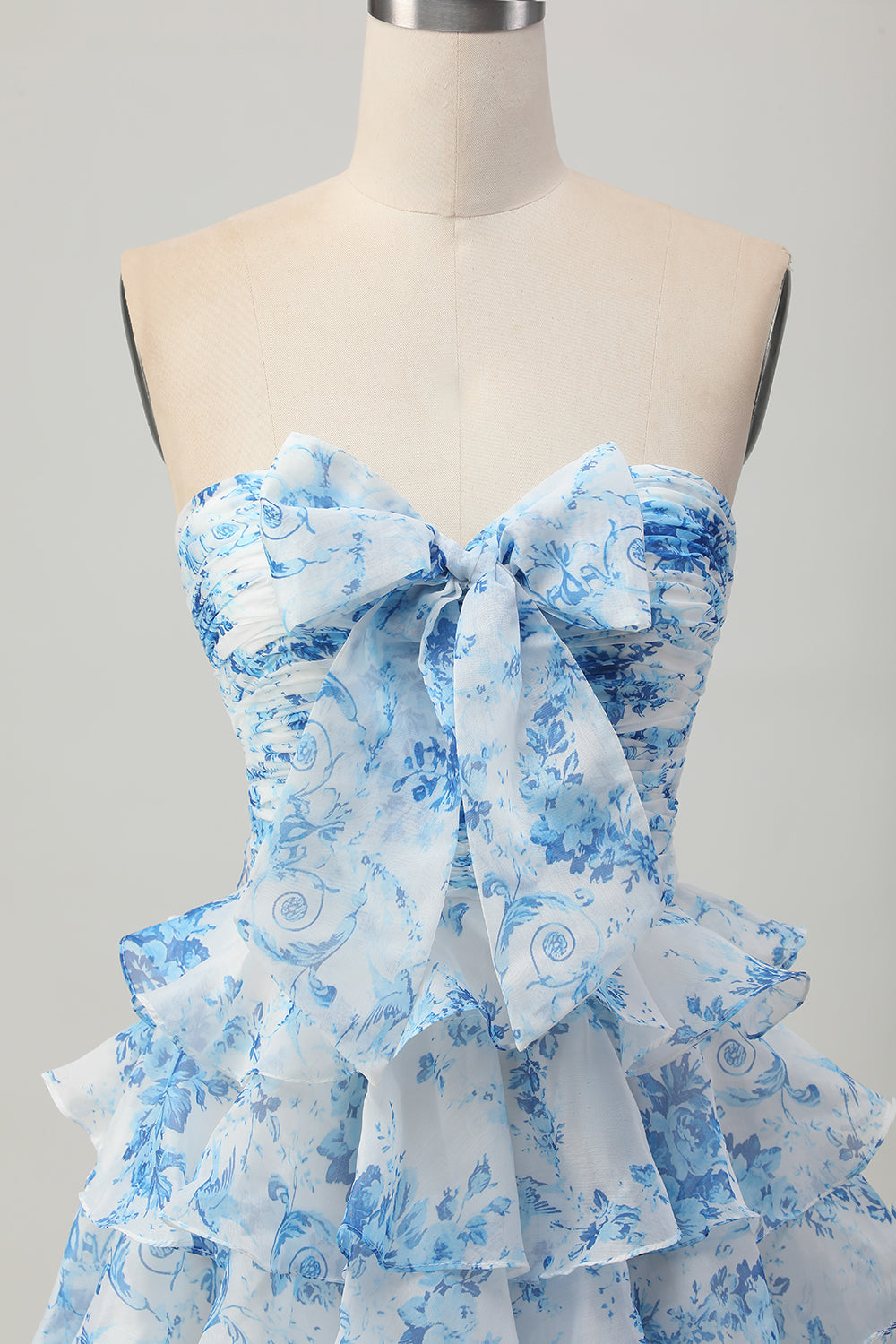 Strapless White Blue Flower Tiered A Line Homecoming Dress with Bow
