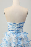 Strapless White Blue Flower Tiered A Line Homecoming Dress with Bow