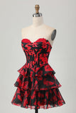 Black Red Floral A Line Sweetheart Tiered Corset Homecoming Dress