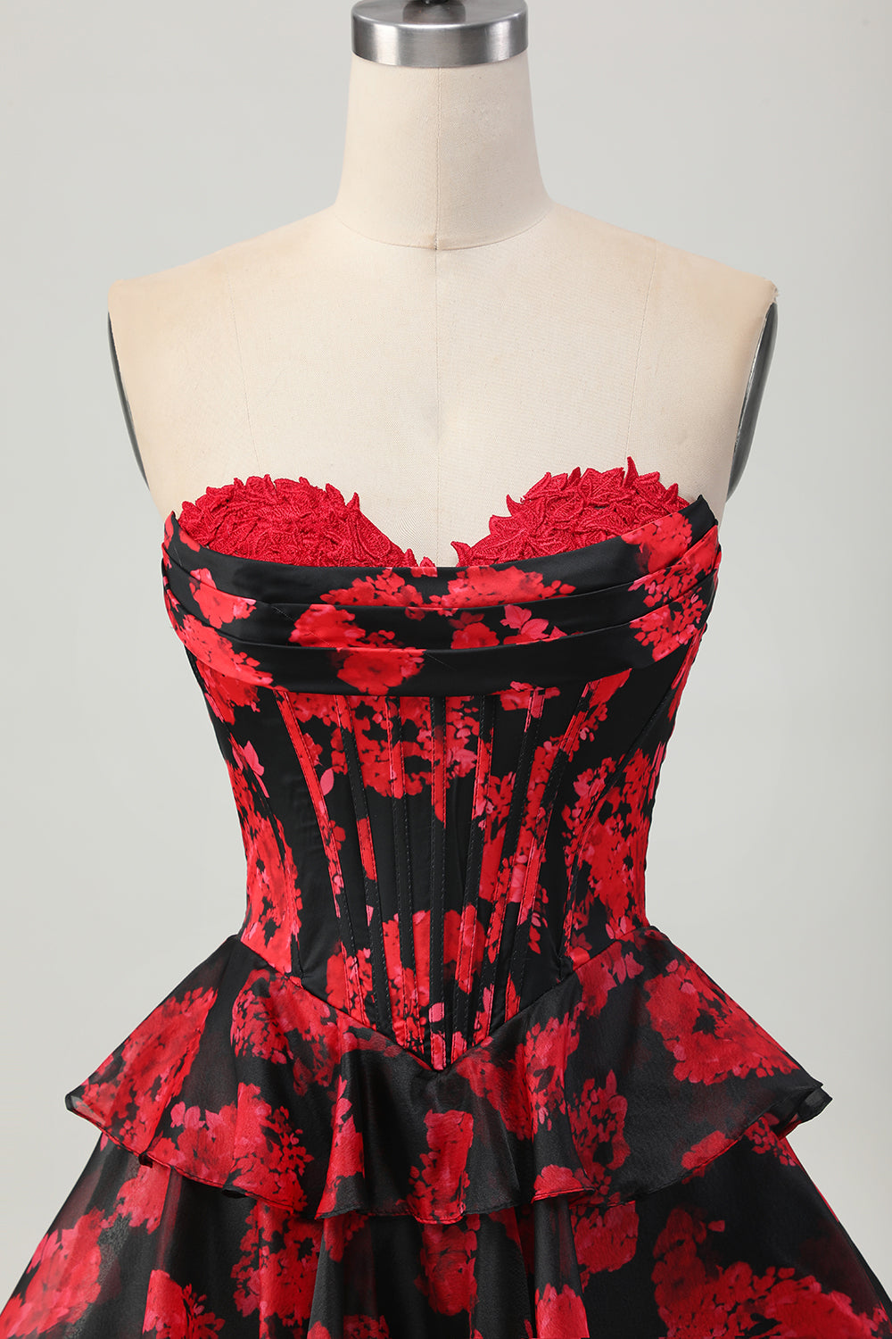 Black Red Floral A Line Sweetheart Tiered Corset Homecoming Dress