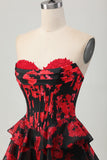 Black Red Floral A Line Sweetheart Tiered Corset Homecoming Dress