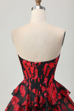 Black Red Floral A Line Sweetheart Tiered Corset Homecoming Dress