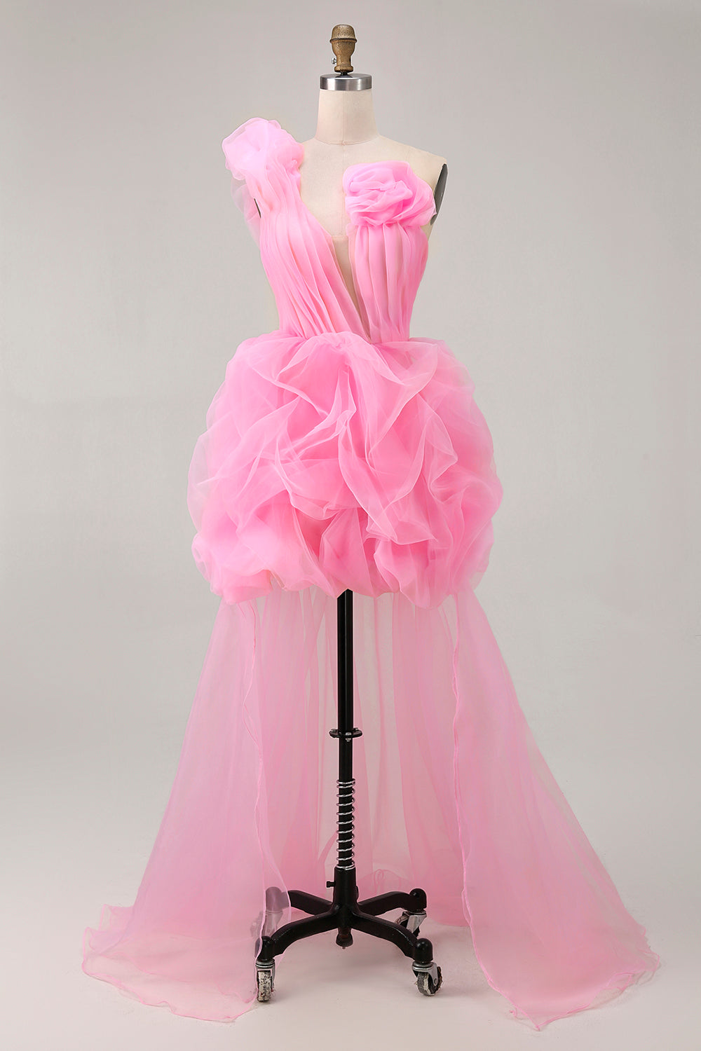 Chic Hot Pink High-Low Ruffled Homecoming Dress with 3D Flowers