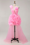 Chic Hot Pink High-Low Ruffled Homecoming Dress with 3D Flowers