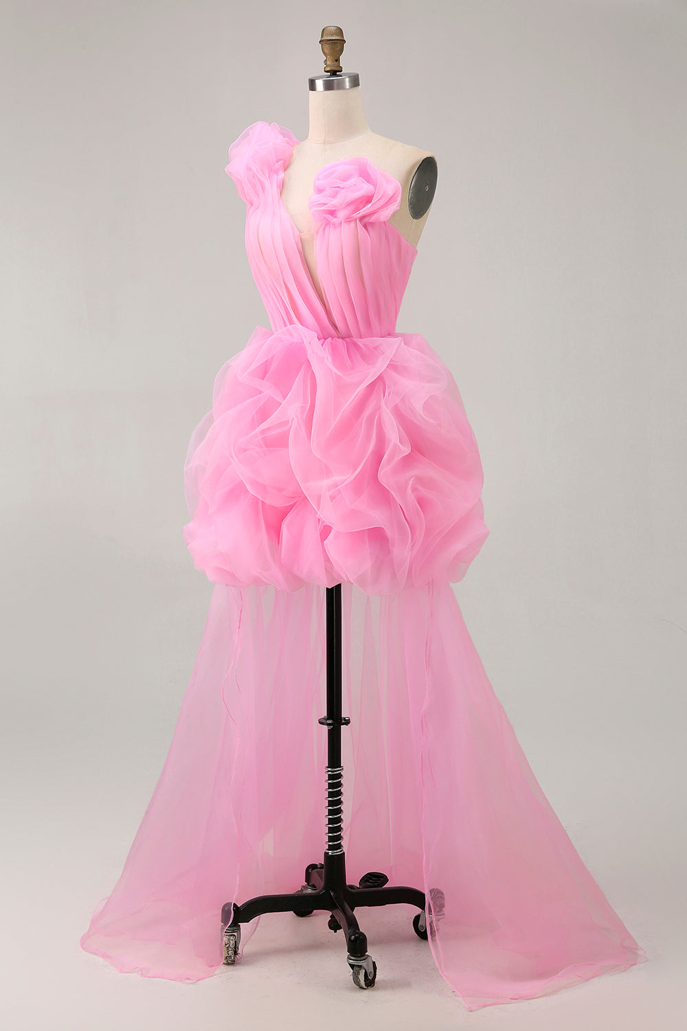 Chic Hot Pink High-Low Ruffled Homecoming Dress with 3D Flowers