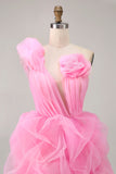 Chic Hot Pink High-Low Ruffled Homecoming Dress with 3D Flowers