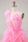 Chic Hot Pink High-Low Ruffled Homecoming Dress with 3D Flowers