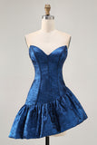 Dark Blue Corset Strapless Asymmetrical Homecoming Dress