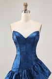 Dark Blue Corset Strapless Asymmetrical Homecoming Dress