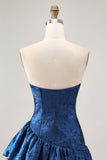 Dark Blue Corset Strapless Asymmetrical Homecoming Dress