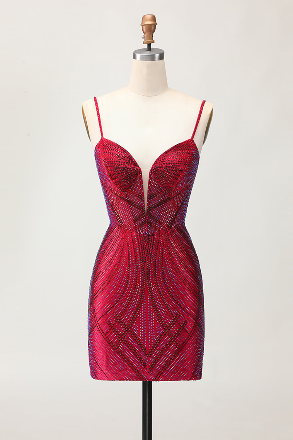 Burgundy Beaded Spaghetti Straps Bodycon Homecoming Dress