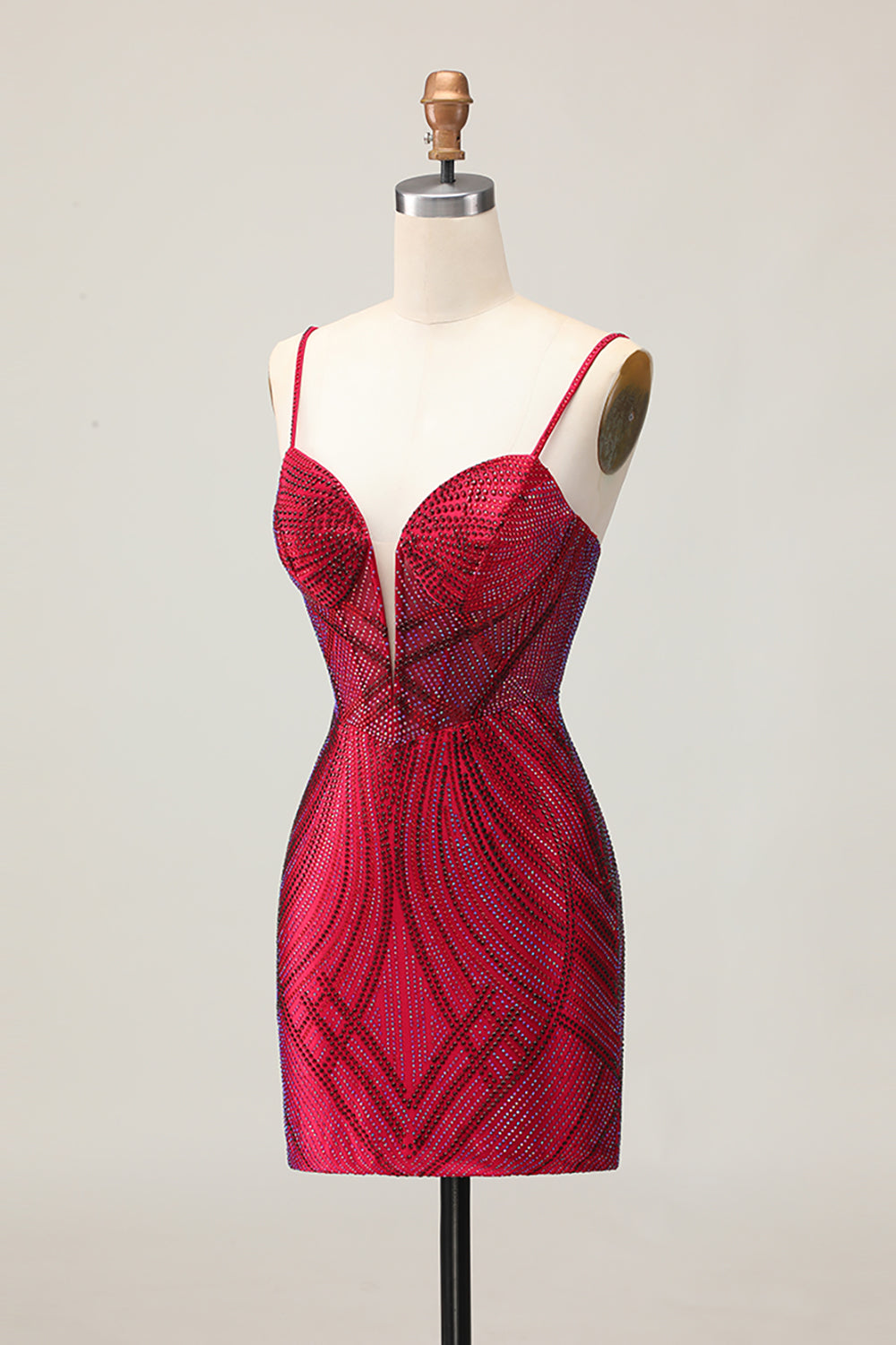 Burgundy Beaded Spaghetti Straps Bodycon Homecoming Dress