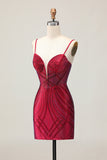 Burgundy Beaded Spaghetti Straps Bodycon Homecoming Dress