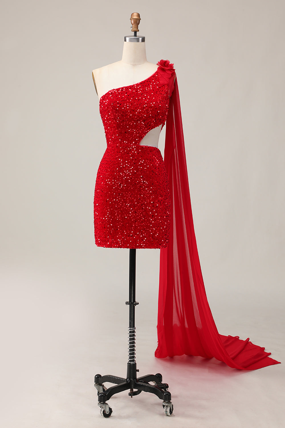 One Shoulder Red Sequined Cut-Out Bodycon Homecoming Dress With Streamer