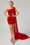 One Shoulder Red Sequined Cut-Out Bodycon Homecoming Dress With Streamer