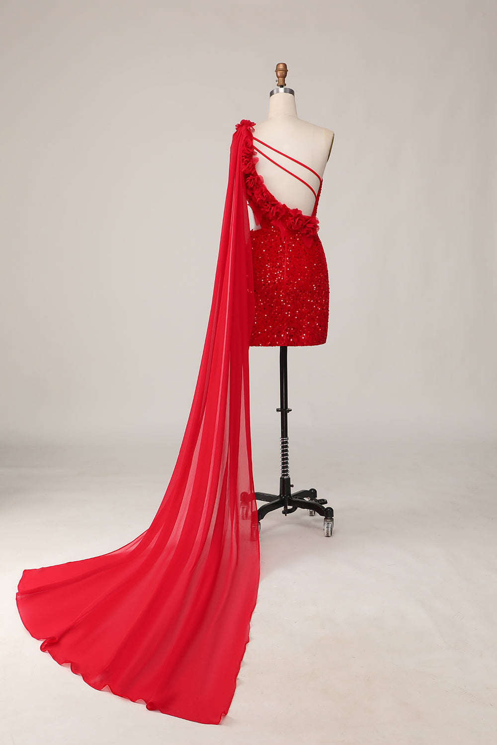One Shoulder Red Sequined Cut-Out Bodycon Homecoming Dress With Streamer