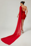 One Shoulder Red Sequined Cut-Out Bodycon Homecoming Dress With Streamer